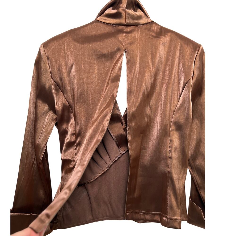 Vintage Cachet Wrap-Look Back-Zip Brown Metallic Dress Shirt 6 - Picture 6 of 8